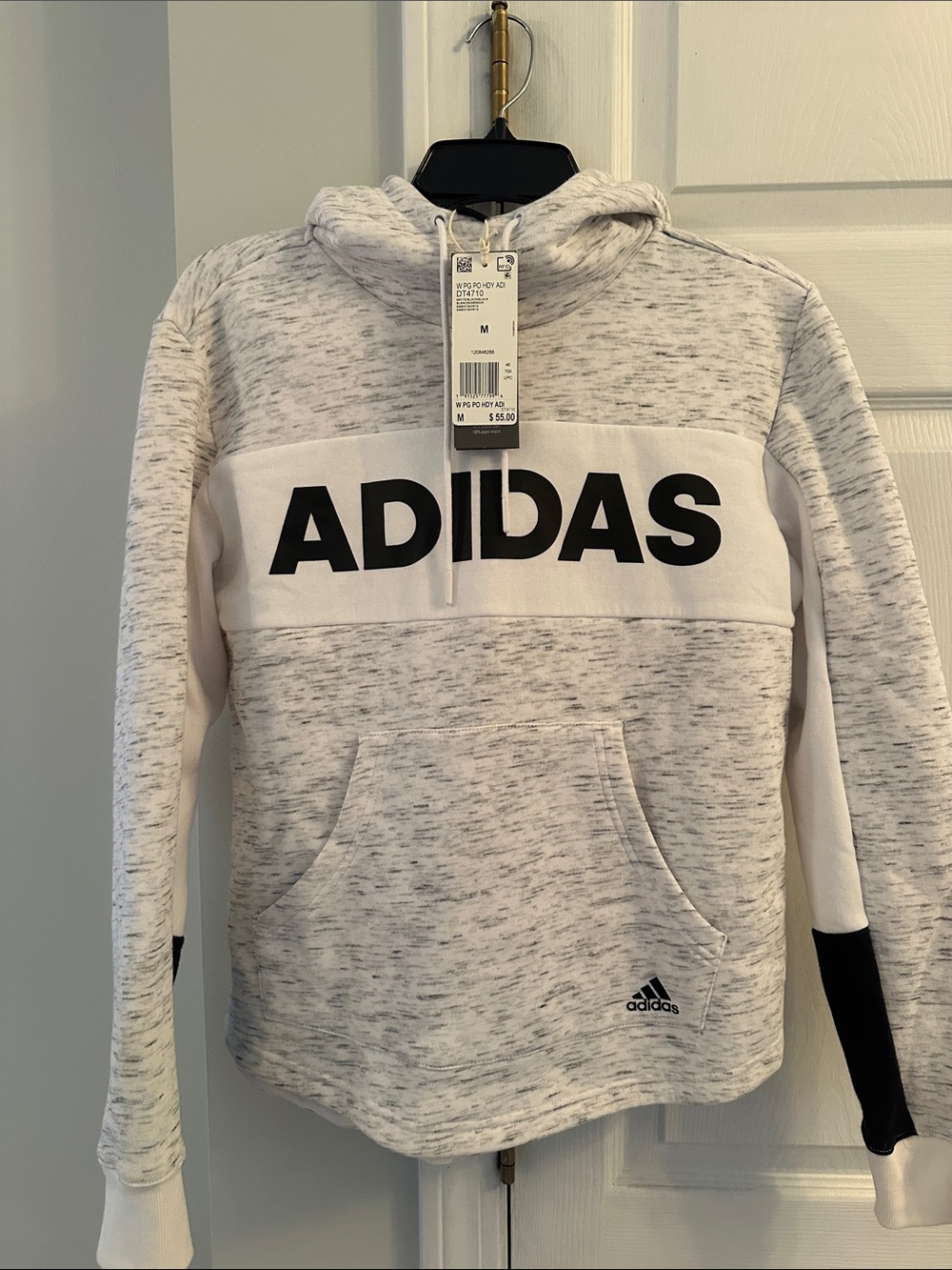 Adidas 🩶 Light Gray Space dye Hoodie with Black Logo - NWT! Women’s size Medium